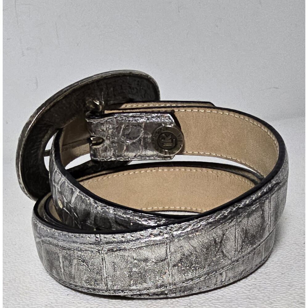 LeatherRock Metallic Silver Leather Belt Rhinestone Buckle Croc Embossed Sz 36” - Picture 3 of 13